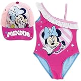 Minnie Mouse Disney Badeanzug für Strand oder Pool + Disney Cap für Mädchen, Badeanzug und Minnie Mouse Disney | Disney Minnie Mouse Badeanzug mit Lenkrad und verstellbarer Kappe, fuchsia, 2 Jahre