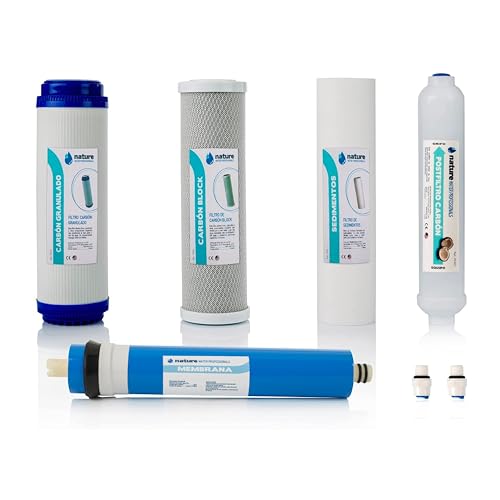 Set mit 4 Universalfiltern für Umkehrosmose, inkl. Membran für 5-stufige Universalausrüstung und Postfilter-Anschlüsse, 75GPD - Nature Water Professionals, Polypropylen.