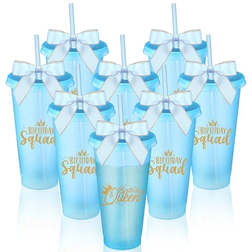 Jingmore 8 Set Birthday Cup 24 oz with Lid Straw Bow Squad,Light Blue