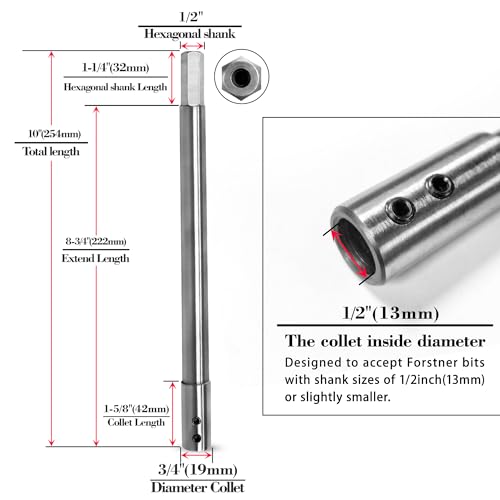 ASNOMY 10 Inch Extra Long Ship Auger Extension Forstner Bit Extension with 1/2" Shank, Accepts 1/2" Shank, 1/2" Hex Drive