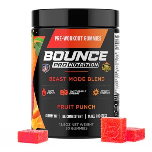 Bounce Pro Beast Mode Pre Workout Gummies with Caffeine, Beta-Alanine & L-Tyrosine for Energy, Focus & Training Intensity (50 Count (Pack of 1), Fruit Punch)