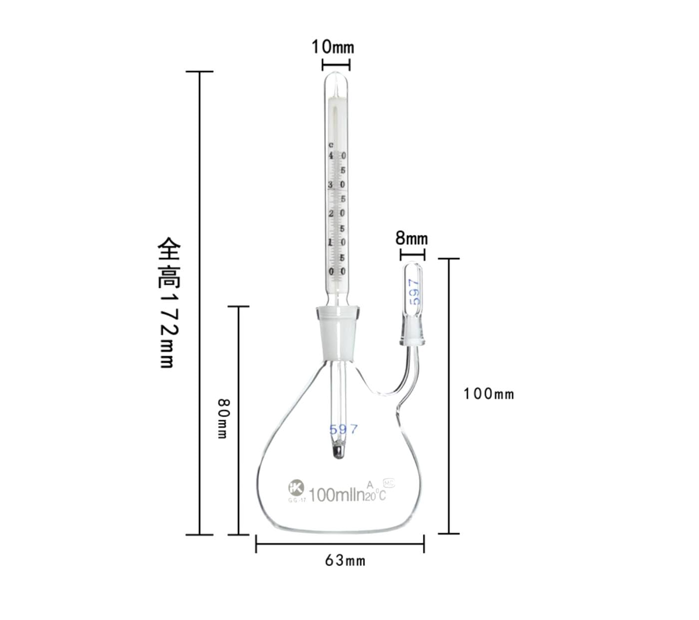Termómetro de vidrio con capacidad de 5 ml/10 ml/25 ml/50 ml/100 ml, picnómetro, botella de gravedad específica, clase A, laboratorio de ciencias.(10ml)