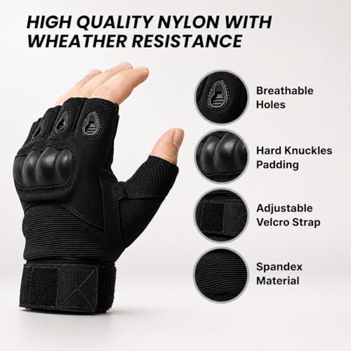 Image of MEBISO Tactical Half Finger Gloves for Men | Nylon Hard Knuckle Sports Gloves for Cycling, Hiking, Camping, Outdoor, Gym, Boxing, Motorcycle Riding, Arm Shooting (Black)