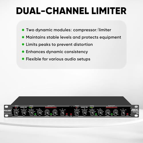FULODE Audio Compressor, Professional Dual-Channel Rackmount Vocal Compressor/Limiter with Noise Gate, Sidechain Insert, and XLR/TRS Inputs for Studio, Live & Streaming - Thumbnail 2