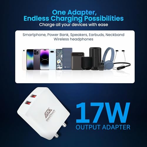 Image of GEARZTOUCH New 17W Quick Charge 3.1A Dual Port Fast Mobile Charger Adapter USB Travel Charger Compatible with All Smartphones- Samsung, Realme, Redmi, Oppo,Vivo (White) Spark3 Dual