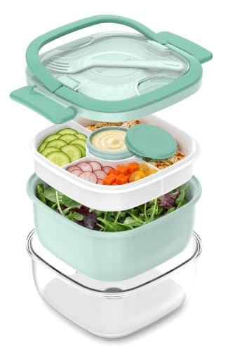 Image of Salad Container with Ice Pack & Handle, 6.8 Cup / 1600ml Large Portable Salad Bowl Lunch Box with Lid, Fork Holder & Sauce Cup, 4-Compartment Removable Tray Meal Prep Bento Box, Green