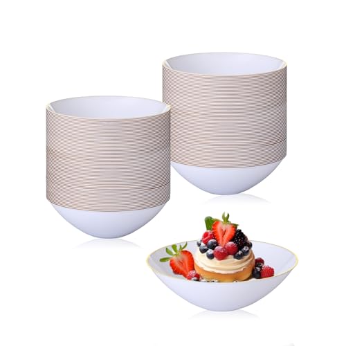 Domensi 100 Pcs Plastic Bowls with Gold Rim White Disposable 6 Oz,Gold