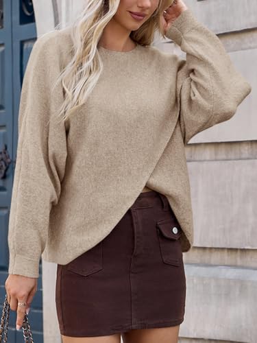 Saodimallsu Womens Oversized Batwing Sweaters Long Sleeve Crew Neck Poncho Slouchy Knit Asymmetrical Pullover Tops3