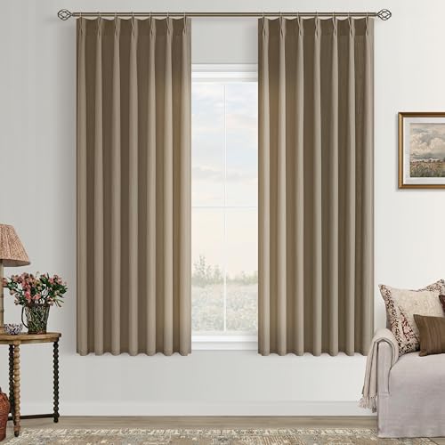 Image of Dark Brown Semi Sheer Pinch Pleated Linen Curtains 40x63 Inch Drapes