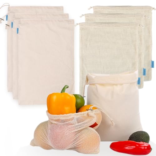 Ecomanna 3 Reusable Mesh Produce Bags &3 Organic Cotton Muslin Bags with Spring-Lock Closure Zero Waste Kit for Grocery Shopping, Vegetable, Fruit Storage, Bulk Food, Travel