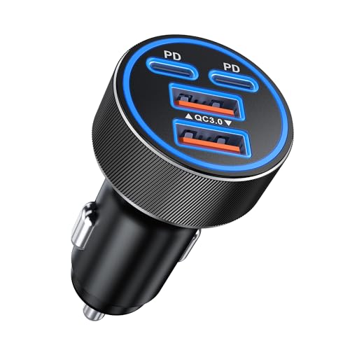 90W Zigarettenanzünder USB C, 4-Port Schnellladen Car Charger, Dual 45W USB-C & USB-A 12V Adapter KFZ Auto Ladegerät für iPhone 17 Pro Max, Samsung Galaxy, iPad