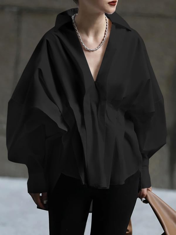 UOOZEE Womens Blouses Fashion 2024 Smocked Long Sleeve V Neck Casual Shirts Tops - Image 2