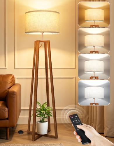 OUTON Lámpara de Pie Trípode de Madera con Mando a Distancia y Regulación