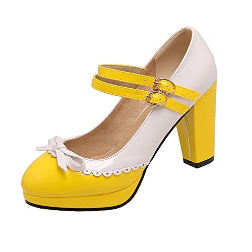 Image of Mary Jane Shoes Women Platform High Heels Lolita Cute Bow Pumps Round Toe Kawaii Shoes Yellow