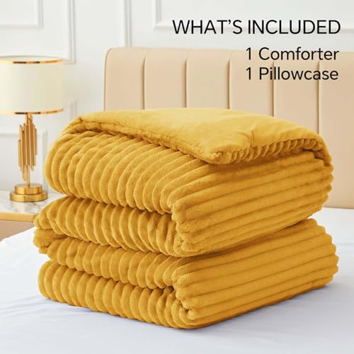 BEDELITE Fleece Twin Comforter Set -Super Soft & Warm Fluffy Mustard Yellow Bedding, Luxury Fuzzy Heavy Bed Set for Winter with 1 Pillow case