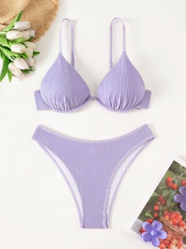 Image of Fanuerg Women Underwire Triangle Bikini Spaghetti Strap Push Up Swimsuit Cheeky Two Piece Bathing Suit