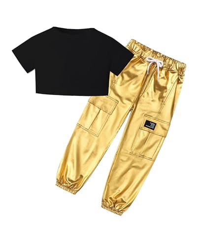 Image of SANGTREE 2 Piece Outfits Women, Black Short Sleeve+ Gold Cargo Jogger Pants with Multi Pockets Elastic Waist, Large