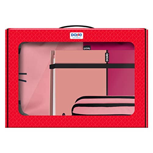 Dohe - Pack Material Escolar - Mochila Ergonómica 17 Litros, Carpeta A4 de anillas con 100 Hojas y Estuche Portatodo Triple - Material escolar - Color Rosa - DUO