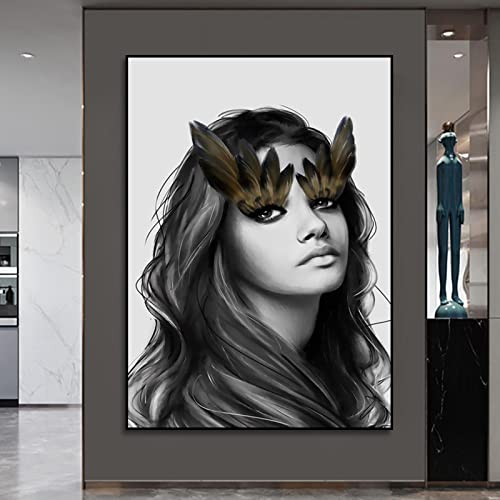 Toile peinture noir blanc femme motif plumes affiche minimaliste 60x80