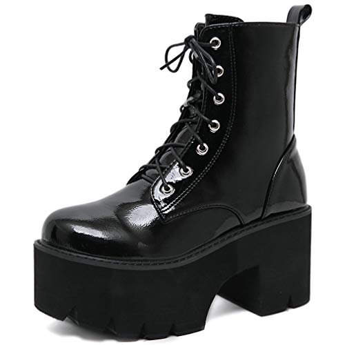 Image of Parisuit Womens Goth Patent Ankle Boots Platform Chunky Combat Boots