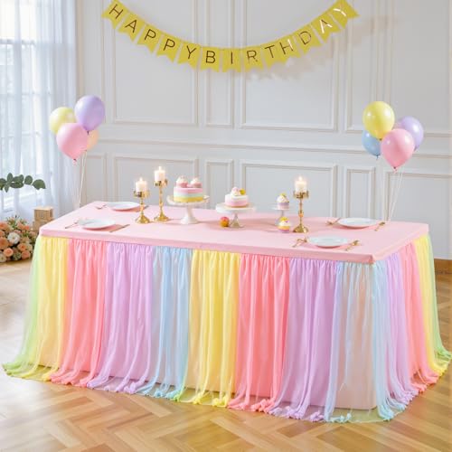 4 Pack 8ft Rainbow Tulle Tablecloths for Rectangle Tables, 8 Foot Rainbow Rectangular Table Cloth Wrinkle Free Tablecover with Tutu Skirt for Baby Shower Girls Birthday Party Banquet Buffet Cake by Suppromo - Image 8
