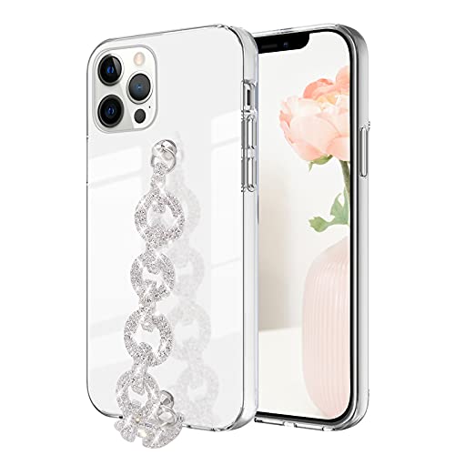 Coque iPhone 14 Pro anti-chute avec chaîne argentée et bracelet strass brillant de luxe