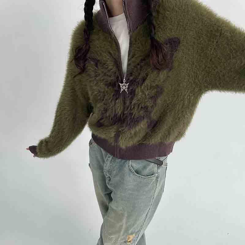 Women's Mohair Stand up Collar Sweater Cardigan Autumn and Winter Butterfly Embroidery Zipper Sweater2
