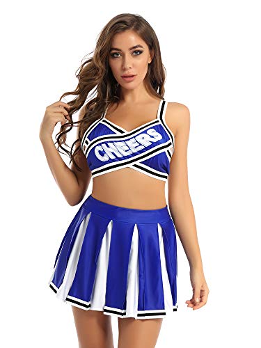 Doomiva Womens 2Pcs Cheer Leader Costume Outfits Crisscross Crop Top with Mini Pleated Skirts Blue M