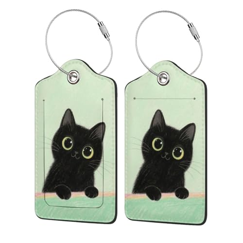 Lot de 2 étiquettes de bagage pour valise, chat américain en cuir synthétique avec intimité, nom d'identification, adresse et boucle en acier durable pour homme et femme, motif chat noir, 4 pièces