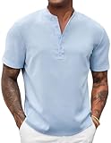 COOFANDY Men Henley Beach Shirt Linen Collarless Shirt Cotton Hippie Hawaiian T Shirt Light Blue