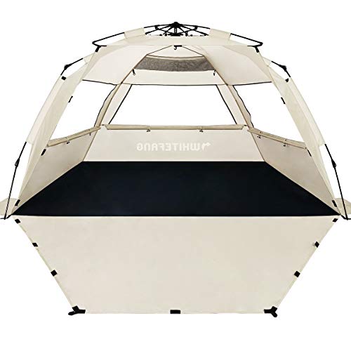 WhiteFang Deluxe XL Pop Up Beach Tent Sun Shade Shelter for 3-4 Person, UV Protection, Extendable Floor with 3 Ventilating Windows Plus Carrying Bag, Stakes, and Guy Lines (Baby's Breath)