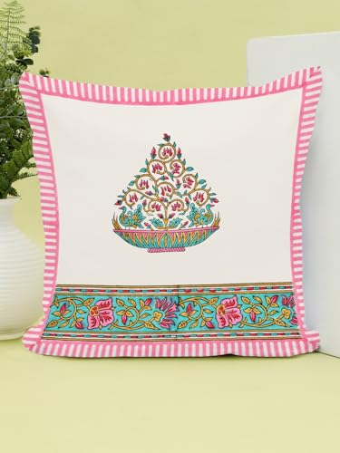 Image of BLOCKS OF INDIA Hand Block Printed Cotton,300 TC Cushion Cover (16 X 16 Inches) (Cushion 7), Pink
