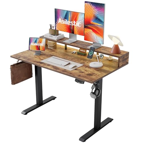 Agilestic 48x24 Inch Electric Standing Desk with Shelf, Height Adjustable Desk with Power Outlet & LED, Sit Stand Up Table with Monitor Stand, Computer Workstation, Rustic Brown