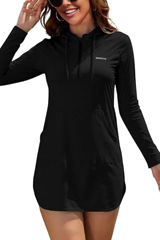 SHEKINI Damski strój kąpielowy Rashguard Anty-UV Długi rękaw Odzież surfingowa z przodu na półzamek błyskawiczny z kieszeniami koszulka surfingowa Rash Guard do pływania na plaży, czarny, S