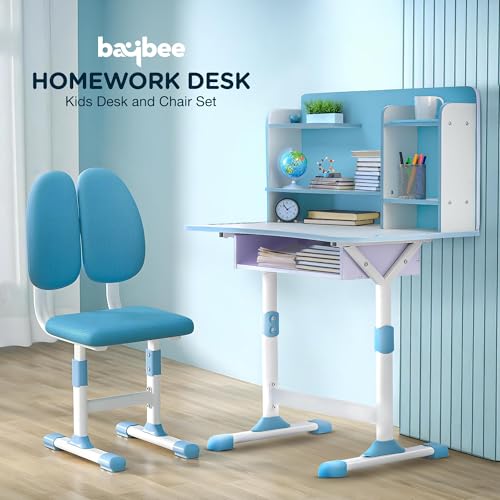 Image of BAYBEE Kids Study Table and Chair Set with Dual Back Support | Baby Study Table for Reading, Writing & Drawing | Ergonomic Kids Table Desk Chair with Book Storage Drawer & Shelves 2+ Years (Blue)