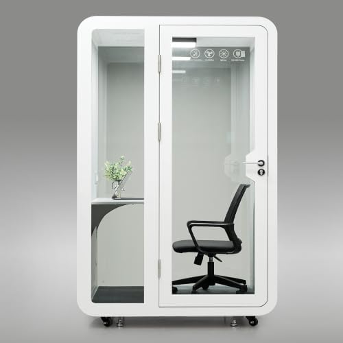 GEARONIC Mobile Office Pod Booth, Sound Proof Booth for Home, Mobile Roller with Desk, LED Light, Fans and AC USB Ports (White)
