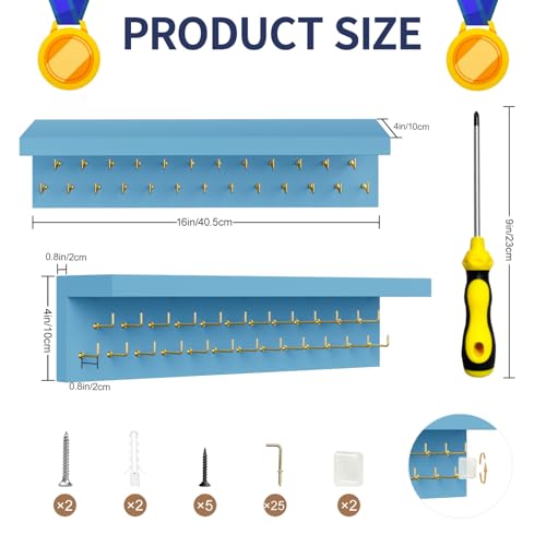 Image of Medal Holder Display Trophy Shelf Organizer, Sturdy Wooden Race Award Hanger Rack with 25 Steel Hooks, Wall Mount Storage Stand for Sports Fans, Cheer Success