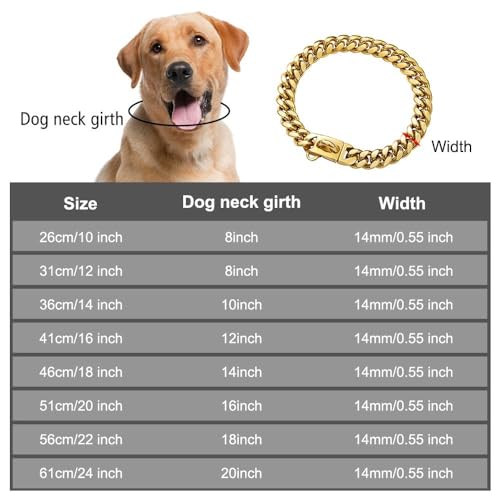 Cuban Dog Collar, Edelstahl Hundehalsband, 14 mm Breite, Hunde Halsband Kette, 26/31/36/41/46/51/56/61 cm Längen, Gold Halskette Halsband Kette für Welpen, kleine, mittelgroße Hunde