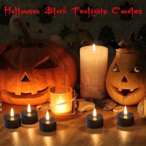 Image of GenSwin 12 Rechargeable Tea Lights Candles with Charging Base and Remote Timer, Flameless LED Tealight Candles Battery Operated Halloween Fall Wedding Table Centerpieces (Black, 1.57 inch x 1.85 inch)