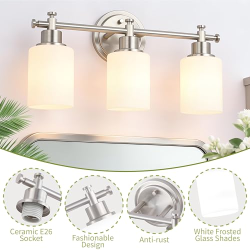 Image of 3-Light Bathroom Vanity Light Fixtures, Brushed Nickel Bathroom Wall Sconce, Modern Vanity Light with Milky White Glass Shade Over Mirror, Bathroom, Bedroom, E26 Base, 17 Inch