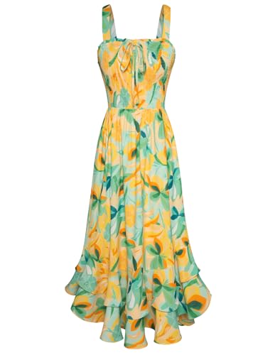 GRACE KARIN Blusenkleid Damen Blumenkleid Freizeitkleid Trägerkleid Böhmisch Wickelkleid Maxikleid Sommerkleid S Grüne Blätter Gelbe Blumen