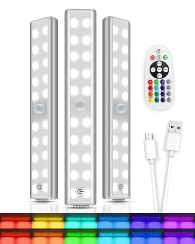 Image of Under Cabinet Lights with Remote Control,15 Colors Under Cabinet Lighting Wireless,Rechargeable Battery LED RGB Night Light Bar withTimer,Dimmable Under Counter Lights for Indoor Kitchen,3Pack
