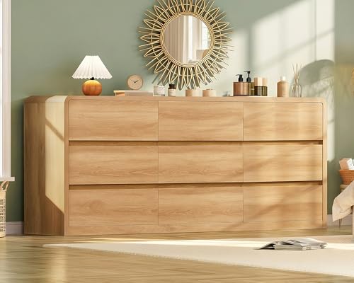 Image of TEENFON 9 Drawer Dresser for Bedroom, 63 inch Wide Dressers & Chest of Drawers with Curved Profile Design, Wood Closet Storage Dressers Organizer for Bedroom, Living Room, Natural