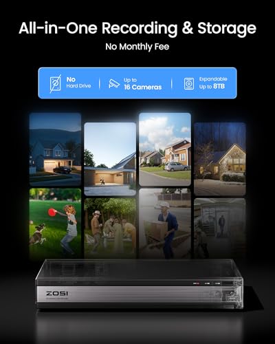 Image of ZOSI 3K Lite 16CH Security Camera System, 8 X 1080p Bullet Cameras, NO HDD | AI Human /Vehicle Detection, 5MP Lite H.265+ 16 Channel Surveillance DVR, IP66 Weatherproof CCTV Camera, 80ft Night Vision