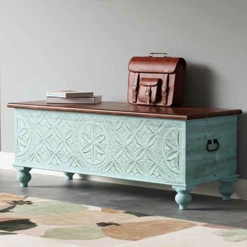 Image of Wooden Trunk Box for Storage | Solid Wood Coffee Table for Living Room | Handcrafted Center Tea Table with Sandook Storage for Living Room | Pitara for Home & Bedroom (Light Blue Distress)