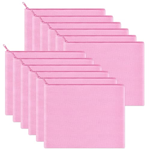 Image of 12 Pieces Cotton Canvas Makeup Bag, Multipurpose Cosmetic Bag with Zipper Travel Toiletry Pouch, Blank DIY Craft Bag (Pink, L)