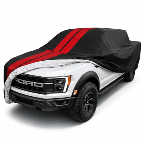 Image of SR1 Performance USA Ultraguard F150 Truck Cover 2001-2026 - Custom Fit Indoor Outdoor Pickup Cover, Breathable Water Resistant, UV Sun Protection, Soft Lining, Storage Bag (Black w /Red Stripes)