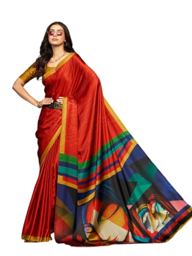 AARZA Womens Digital Portrait Face Art Satin Silk Ready To Wear Saree One Size Red