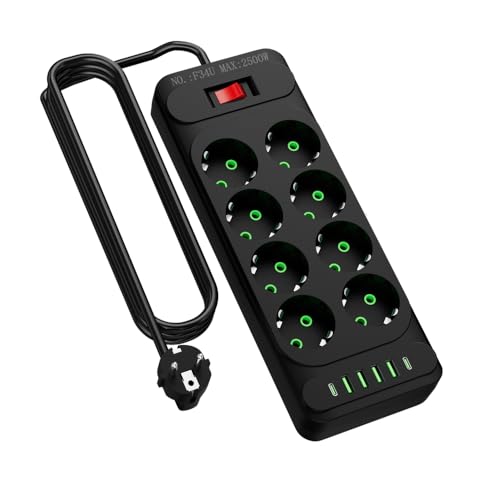 Regleta de esquina con USB y tipo C, 3/4/6/8 enchufes con interruptor, regleta con protección contra sobretensiones con cable de 2 m para cocina (8 compartimentos)