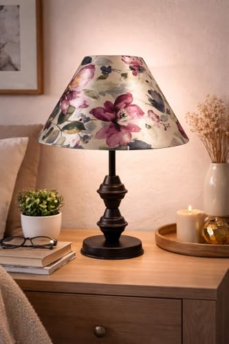Image of tu casa Modern Table Lamp with Crimson Floral Satin Shade | Metal Iron Base Decorative lamp for Living Room| Study & Home Decor, Designer Table Lamp for Gifting (Pastel Petal Harmony)